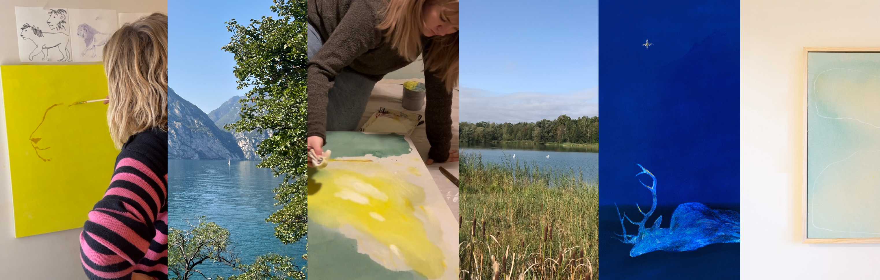 Collage of images including a person looking at a painting, a scenic view with mountains, and abstract art.