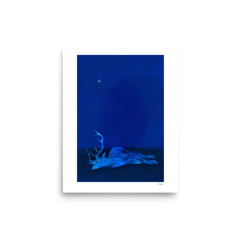 Blue abstract artwork with a white frame on a white background